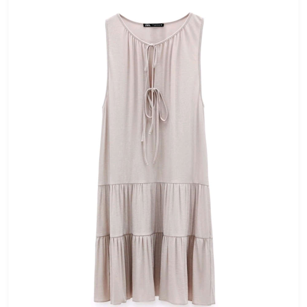 Zara sleeveless dress with tie & flounced hem